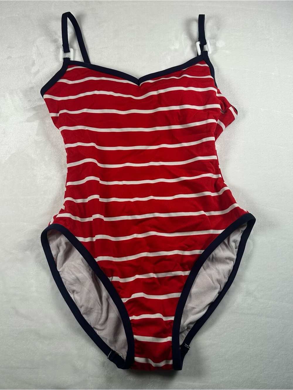 Red and White Striped One-Piece Swimsuit with Navy Trim